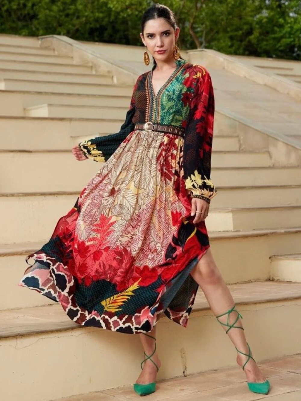Bhanu by Jyoti Embroidered Mixed Print Boho Maxi Dress Size 10